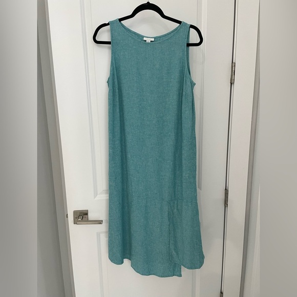 Pure Jill Linen Blend Asymmetric Dress Medium Petite MP Aegean Blue Summer. 24 - Picture 4 of 9